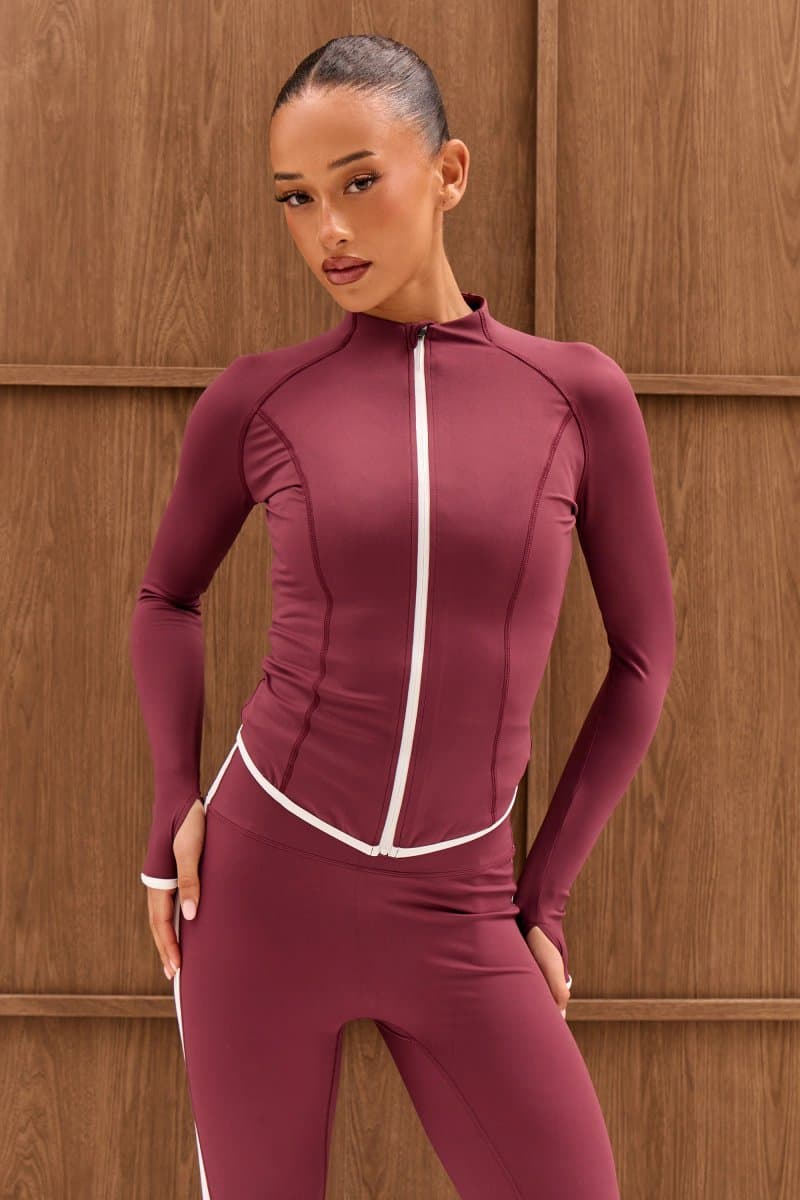 Kaiia Kaiia Sculpt Contrast Long Sleeve Zip Through Fitted Jacket Plum & White