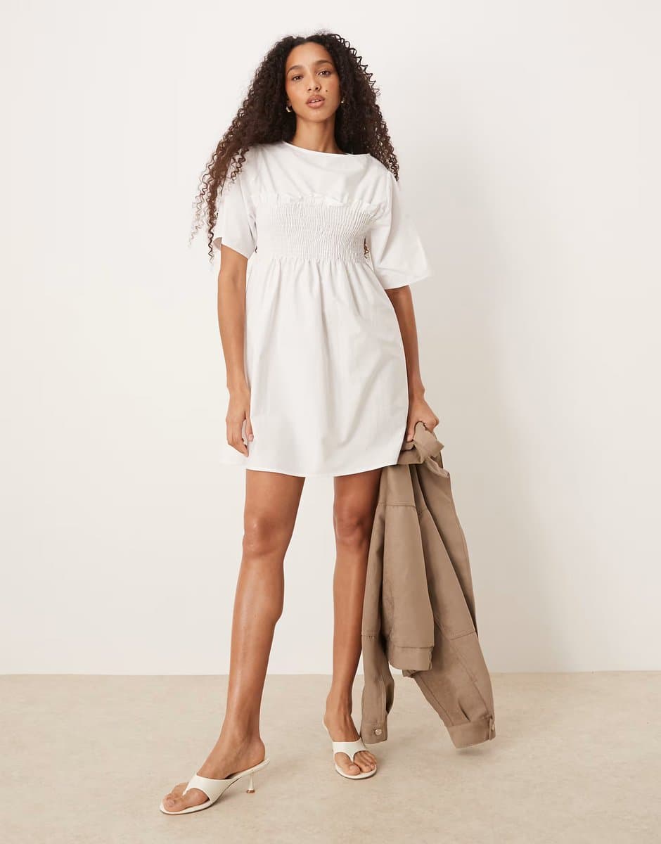 ASOS ASOS DESIGN shirred babydoll trapeze mini dress in white