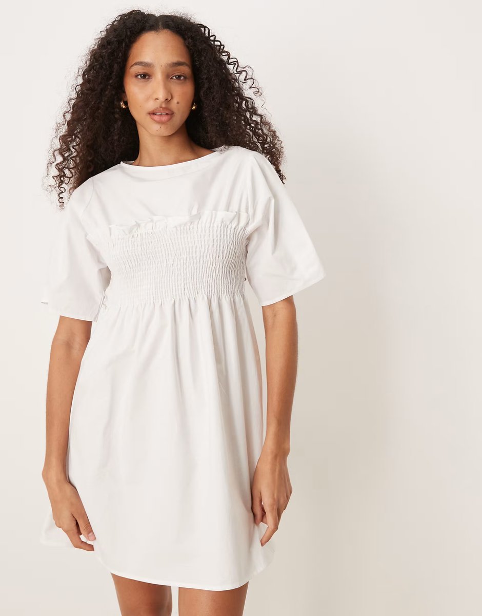 ASOS ASOS DESIGN shirred babydoll trapeze mini dress in white - 3