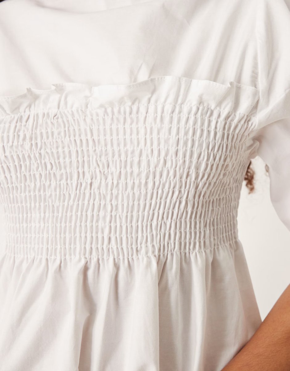 ASOS ASOS DESIGN shirred babydoll trapeze mini dress in white - 4