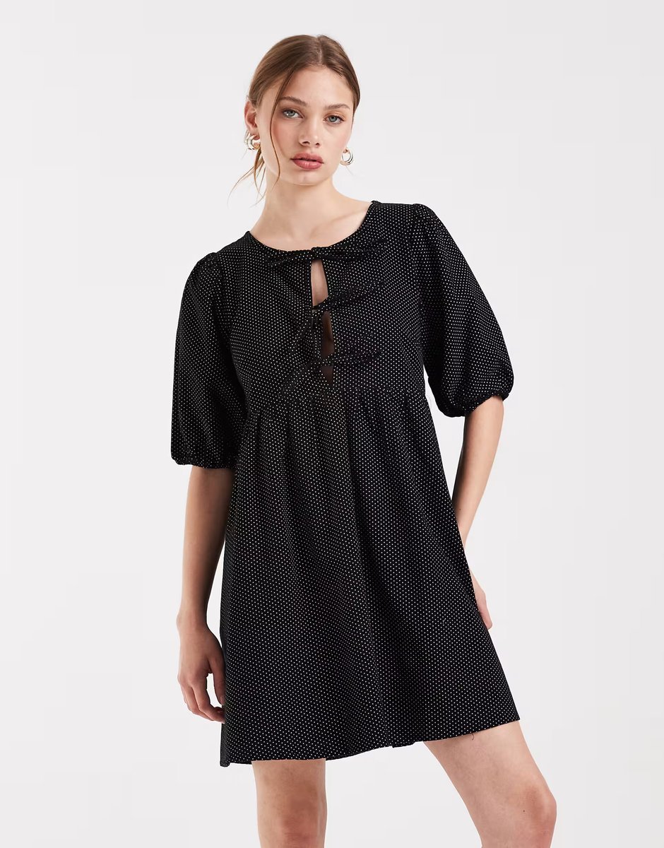 ASOS Wednesday's Girl polka dot print button detail mini smock dress in black - 3