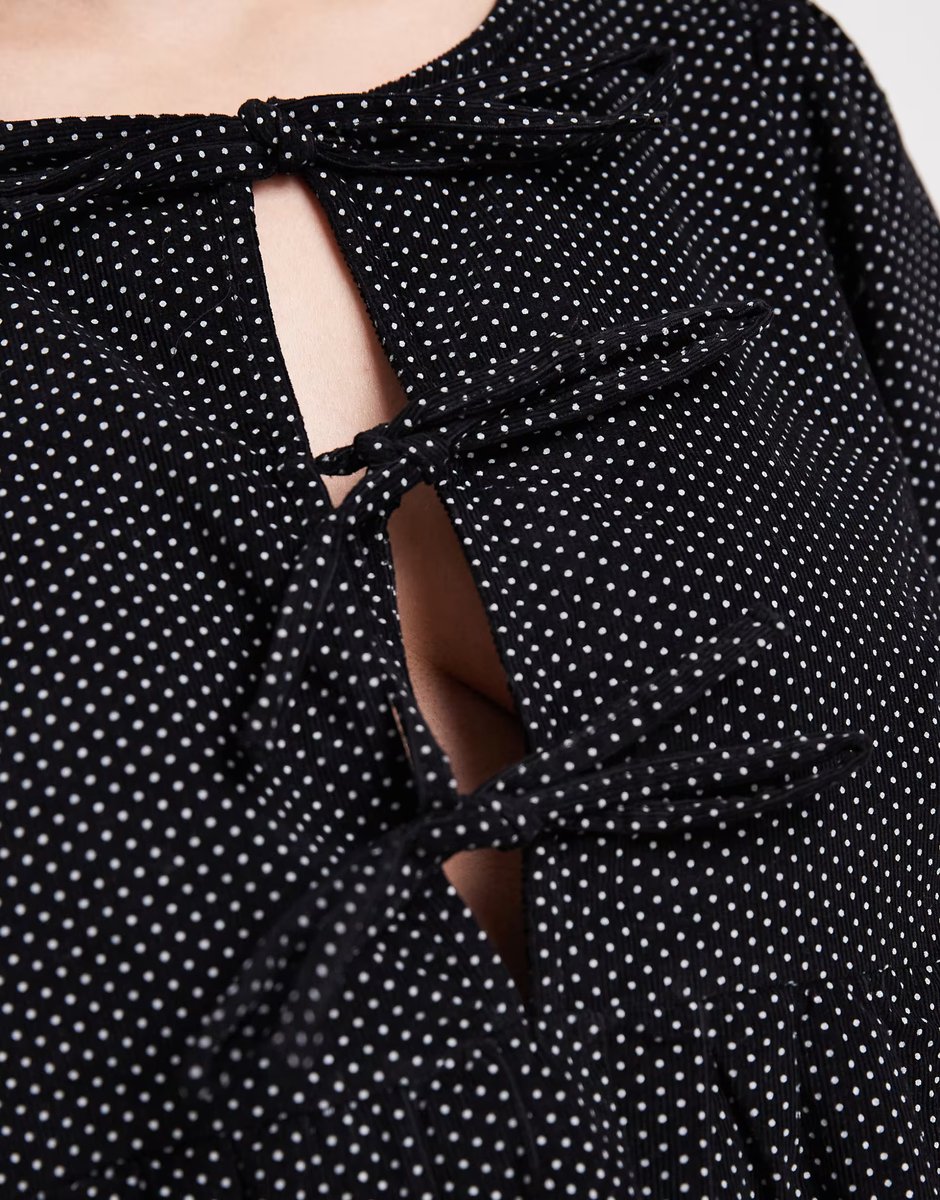 ASOS Wednesday's Girl polka dot print button detail mini smock dress in black - 4