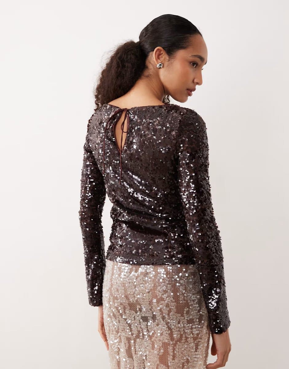 ASOS Mango sequin long sleeve top in brown
