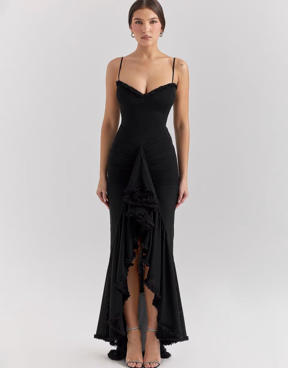 ASOS House of CB Gabbi mesh ruffled front gown in black