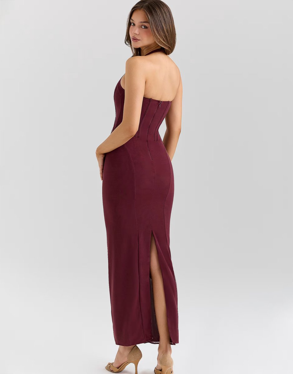 ASOS House of CB Lusilla grape stretch mesh halter neck midi dress in grape - 3