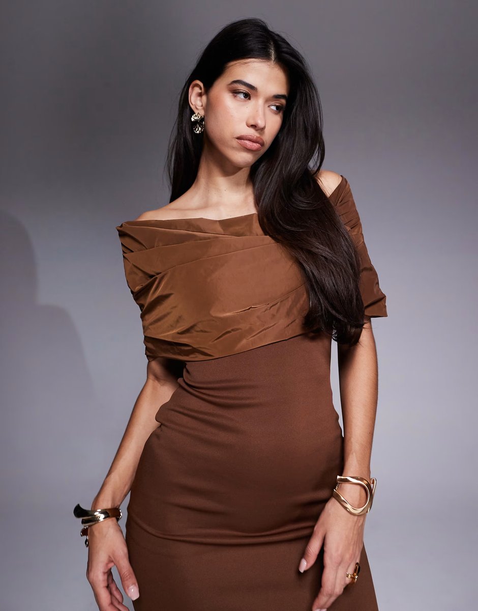 ASOS ASOS DESIGN bardot manipulated taffeta bodice detail midi dress in mocha - 3
