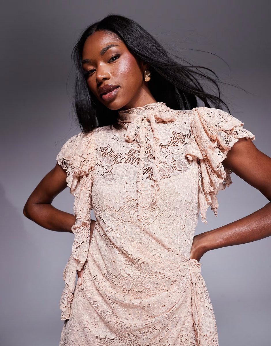 ASOS ASOS DESIGN lace high neck mini dress with knotted skirt detail and ruffle sleeve in baby pink - 4