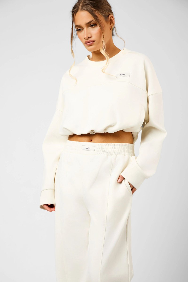 Kaiia Kaiia Label Logo Premium Interlock Drawcord Sweatshirt Cream - 4