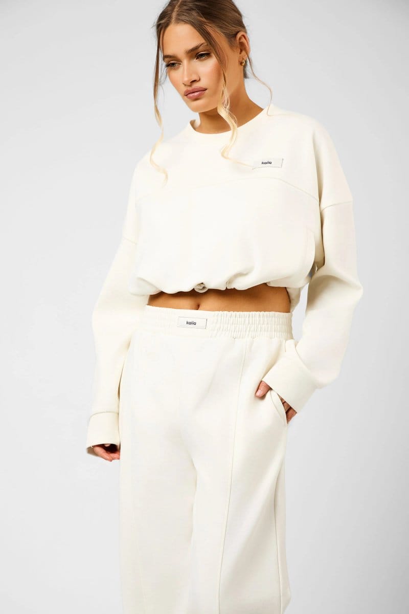 Kaiia Kaiia Label Logo Premium Interlock Drawcord Sweatshirt Cream - 4