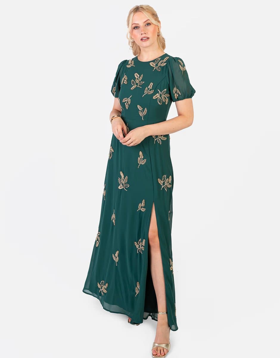 ASOS Maya Embellished short sleeve open back maxi dress in emerald green