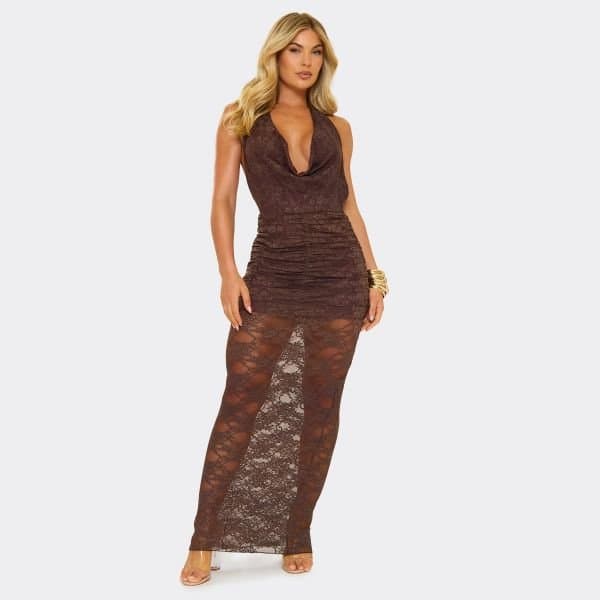 EGO Halterneck Cowl Ruched Front Detail Maxi Dress In Chocolate Brown Lace, Women's Size UK 4