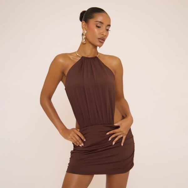 EGO Choker Trim Neckline Open Back Mini Dress In Brown, Women's Size UK 10