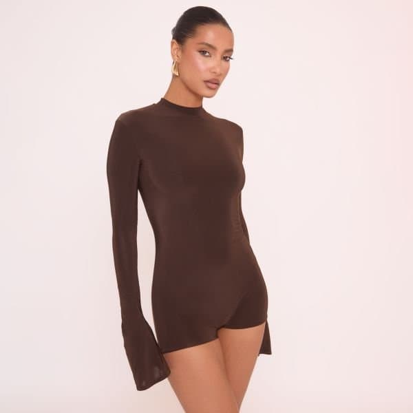 EGO Long Flute Sleeve Double Layered Playsuit In Brown Slinky, Women's Size UK 6