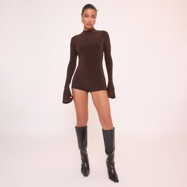 EGO Long Flute Sleeve Double Layered Playsuit In Brown Slinky, Women's Size UK 6 - 2