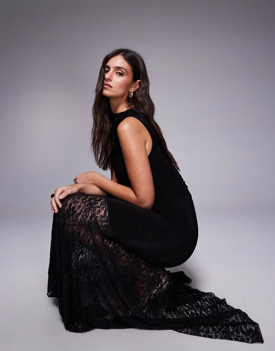 ASOS Kaiia exclusive slinky scarf detail one shoulder asymmetric lace hem maxi dress in black - 3