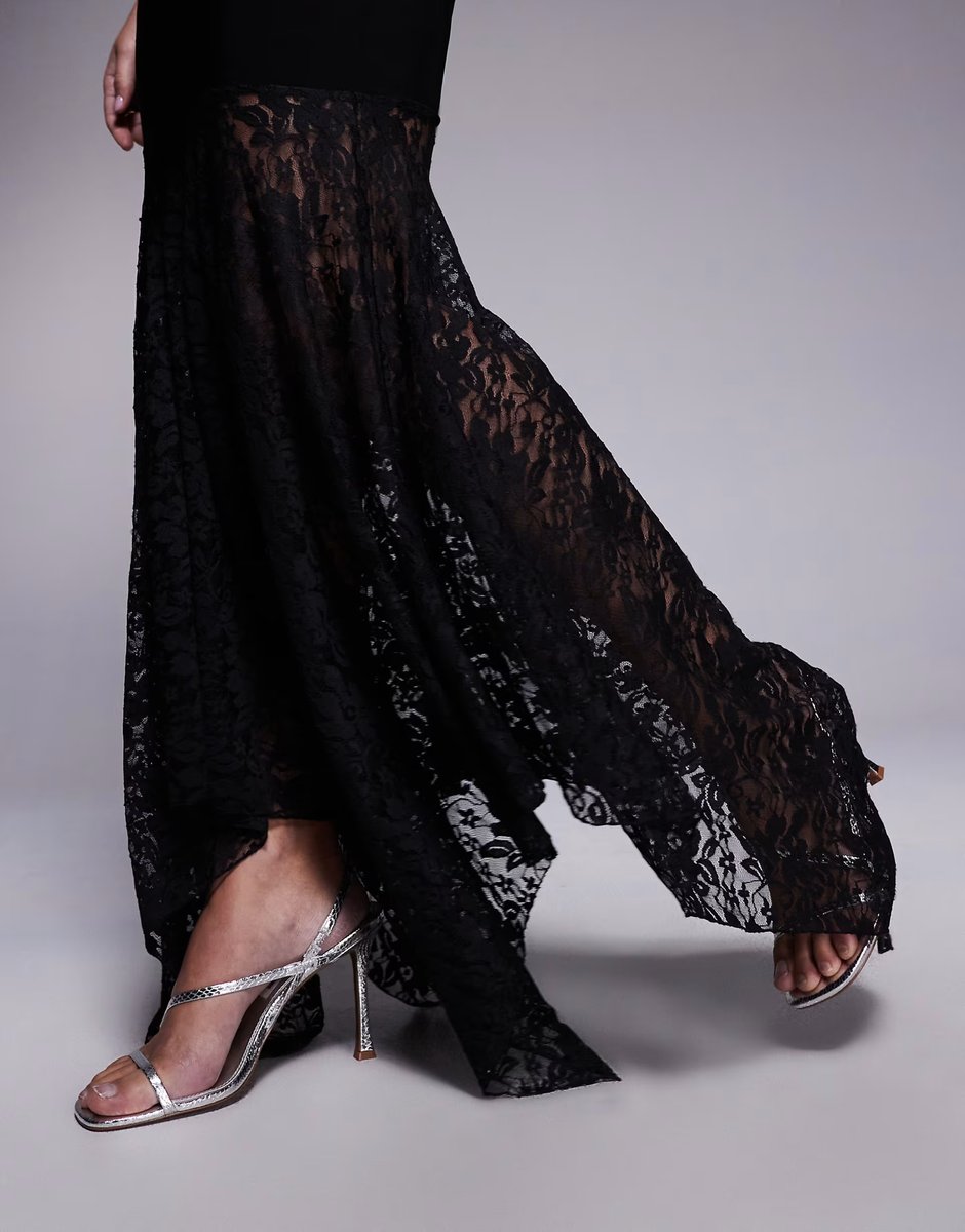 ASOS Kaiia exclusive slinky scarf detail one shoulder asymmetric lace hem maxi dress in black - 4