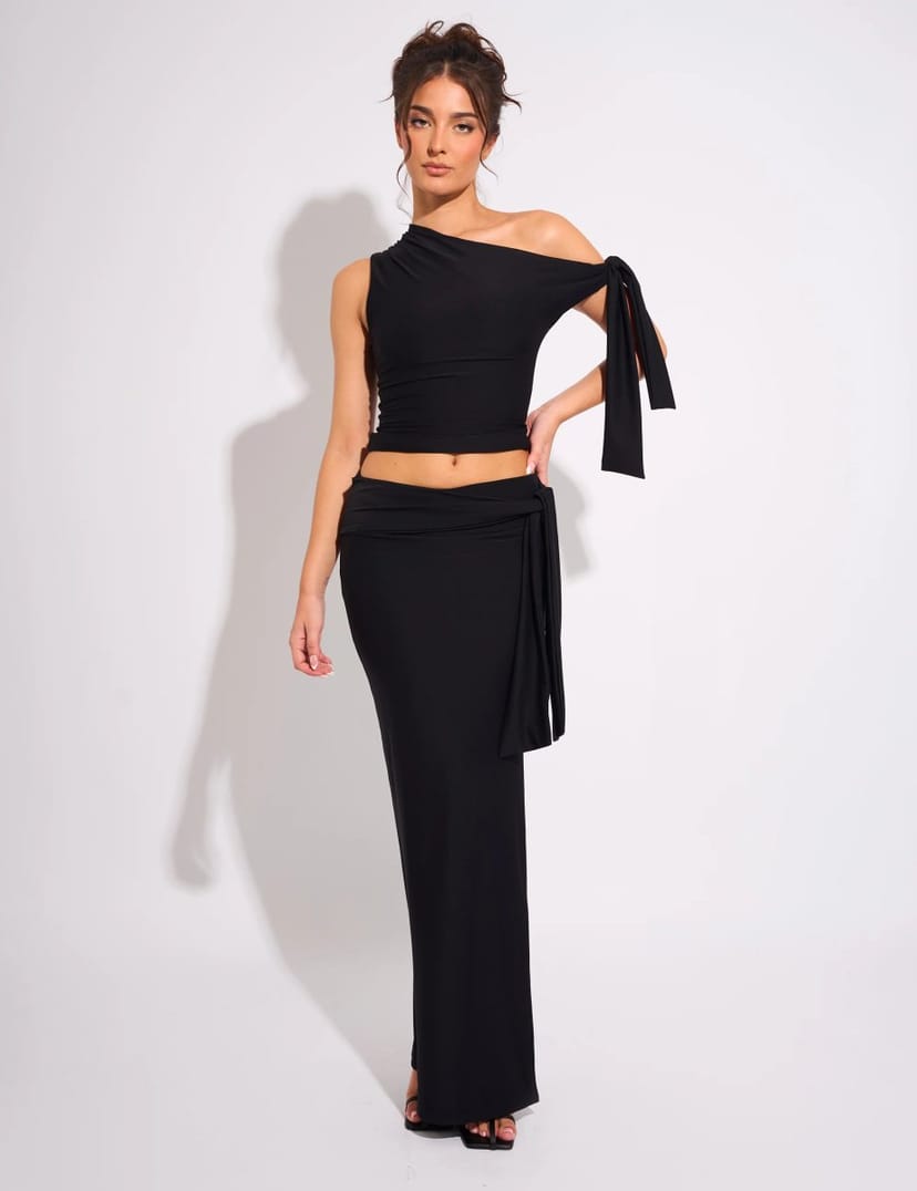 Public Desire Knot Detail Luxe Slinky Maxi Skirt Black - 1