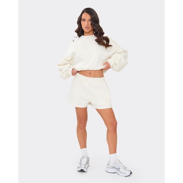 EGO Mid Rise Button Front Detail Sweat Shorts In Cream, Women's Size UK 6 - 2