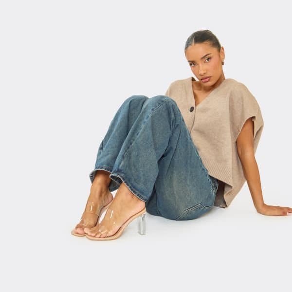 EGO Casa Double Clear Perspex Strap Block Heel Mule In Nude Faux Leather, Women's Size UK 3