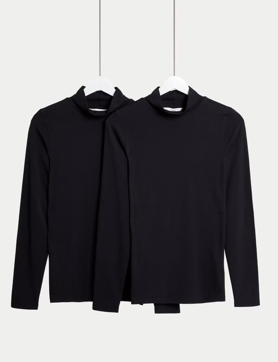 Marks & Spencer M&S 2 Pack Cotton Rich Funnel Neck Slim Fit Tops Black