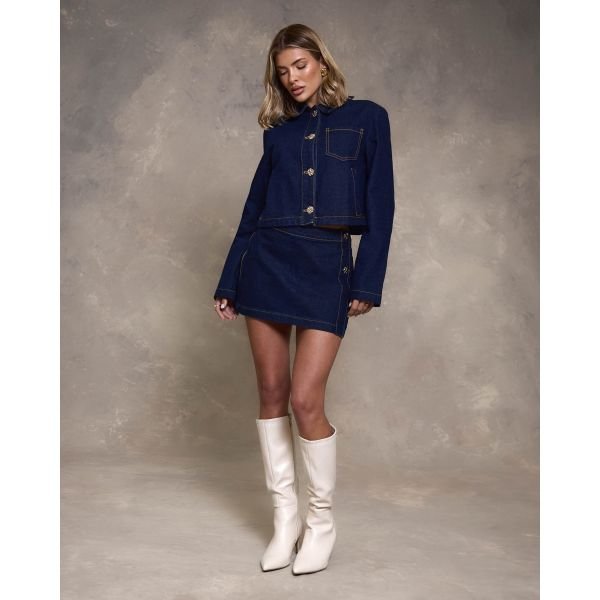 EGO Mid Rise Button Detail Mini Skirt In Indigo Blue Denim, Women's Size UK 6 - 2