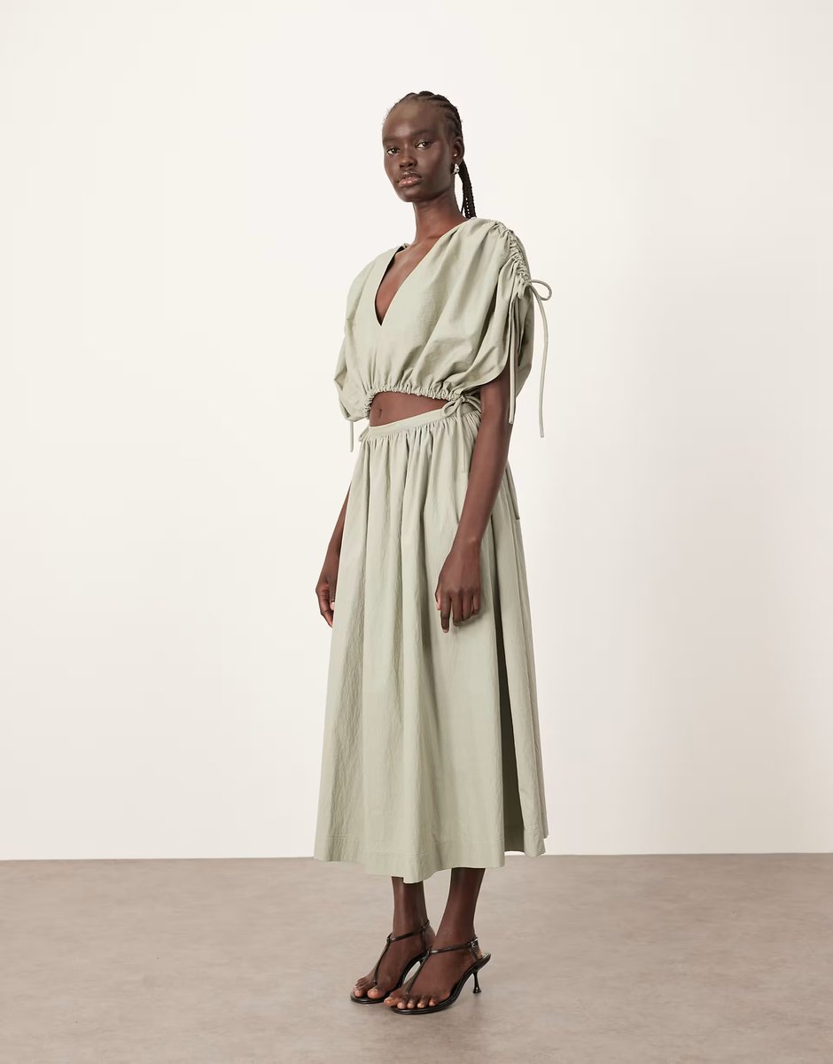ASOS ARRANGE plunge top with ruche detail and drop waist skirt in sage - 2