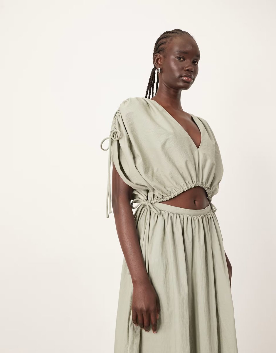 ASOS ARRANGE plunge top with ruche detail and drop waist skirt in sage - 3