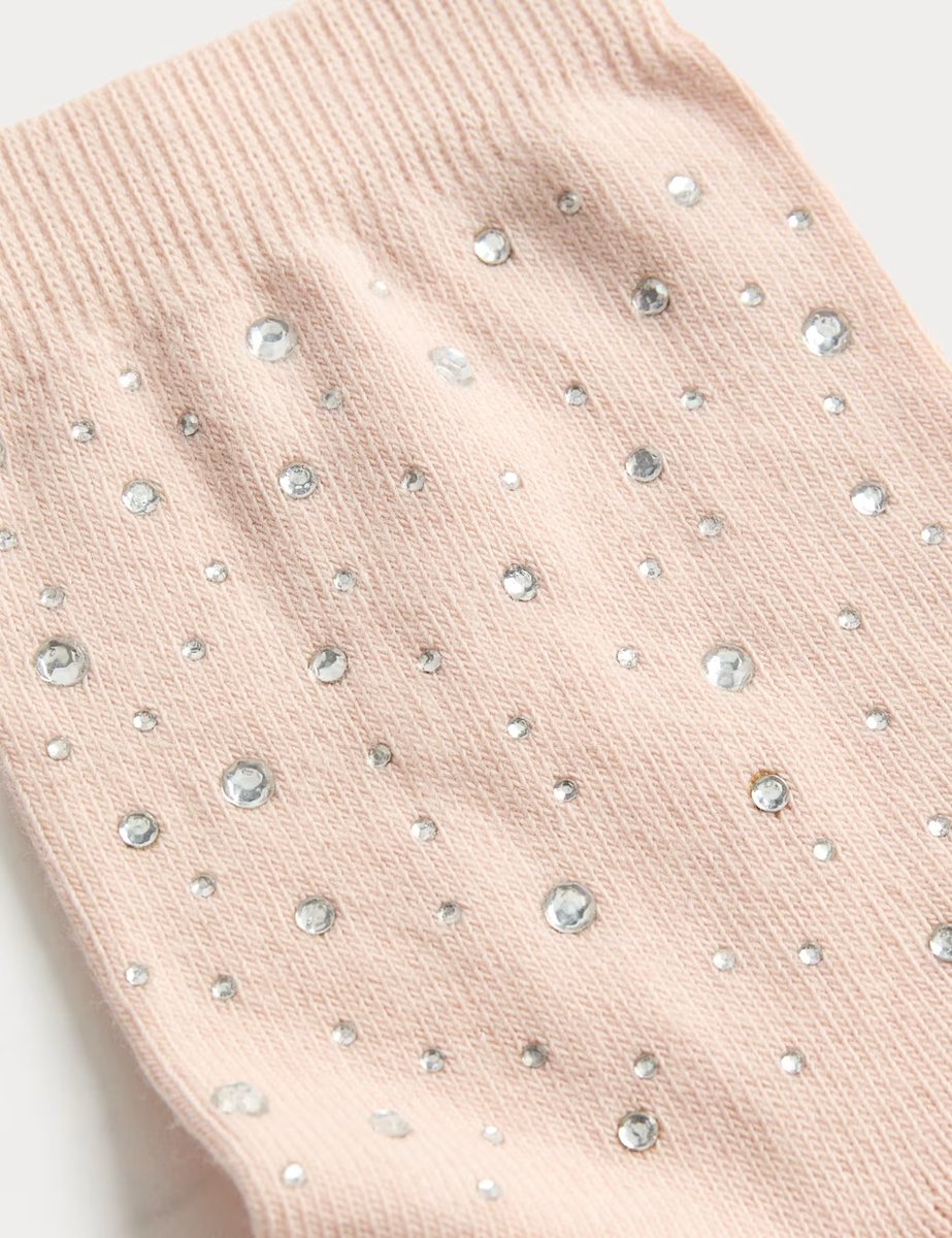 Marks & Spencer M&S Cotton Rich Embellished Ankle Socks Pink Mix - 2