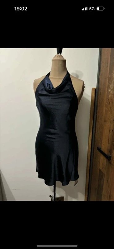 ASOS Design midnight dark navy mini satin silky dress halter neck tie size 10 - 4