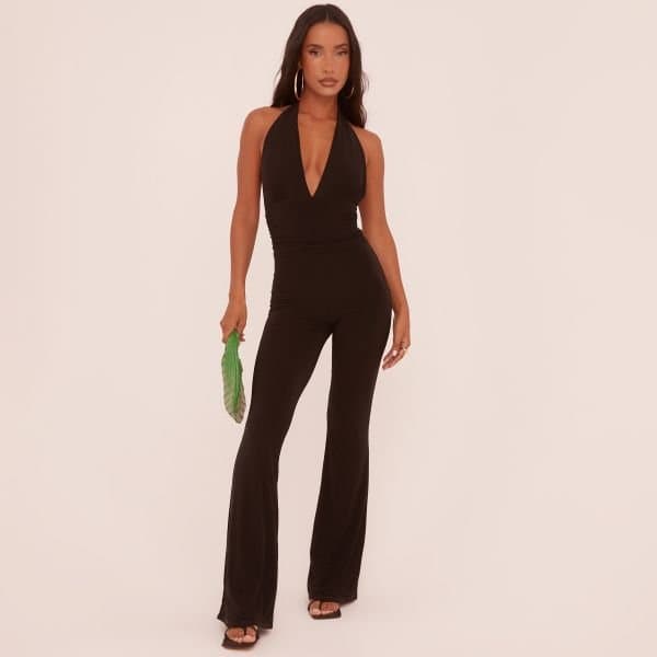 EGO Plunge Halterneck Open Back Jumpsuit In Black Slinky, Women's Size UK 4