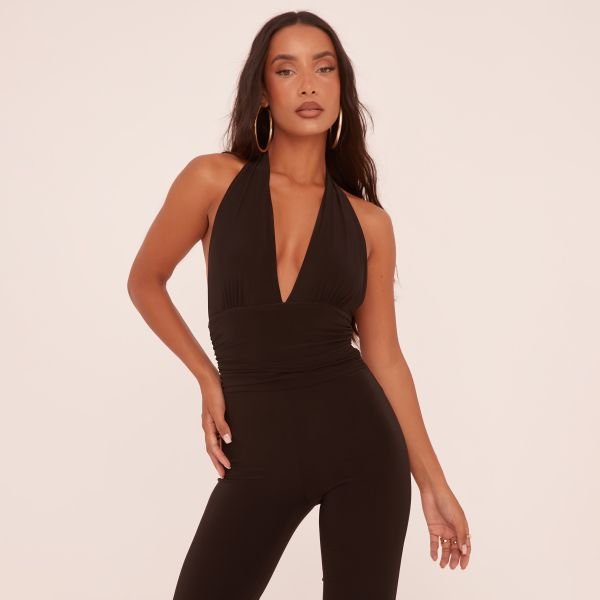 EGO Plunge Halterneck Open Back Jumpsuit In Black Slinky, Women's Size UK 4 - 2