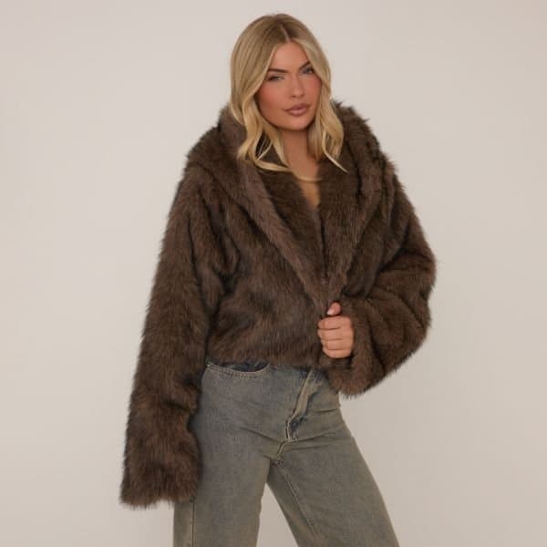 EGO Hooded Cropped Jacket In Chocolate Brown Faux Fur, Women's Size UK 4