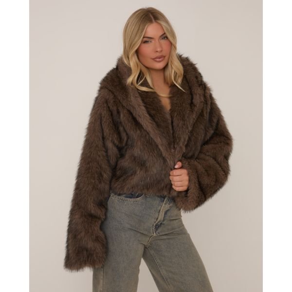 EGO Hooded Cropped Jacket In Chocolate Brown Faux Fur, Women's Size UK 4 - 2