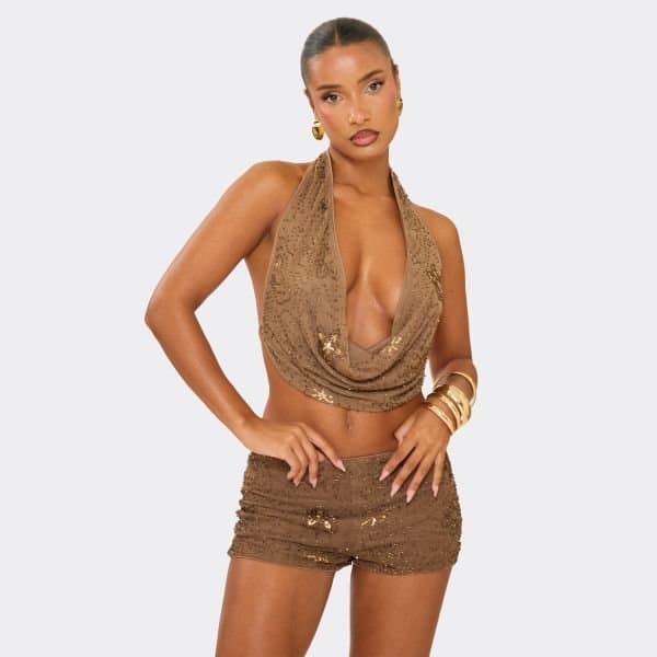 EGO Cowl Neck Bead Embellished Tie Back Top In Brown, Women's Size UK 8