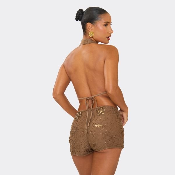 EGO Cowl Neck Bead Embellished Tie Back Top In Brown, Women's Size UK 8 - 2