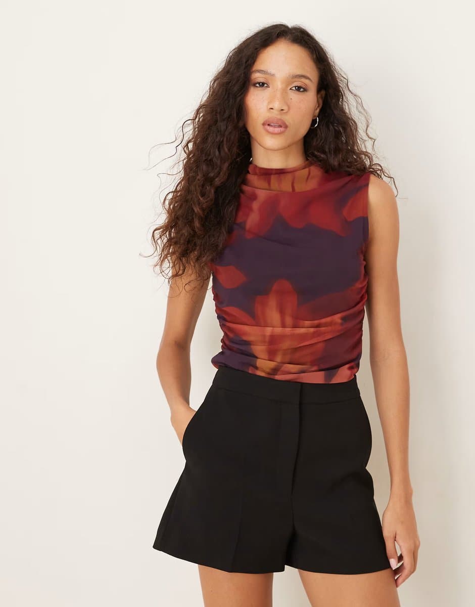 ASOS ASOS DESIGN mesh high neck ruched side floral print co ord  top in fig