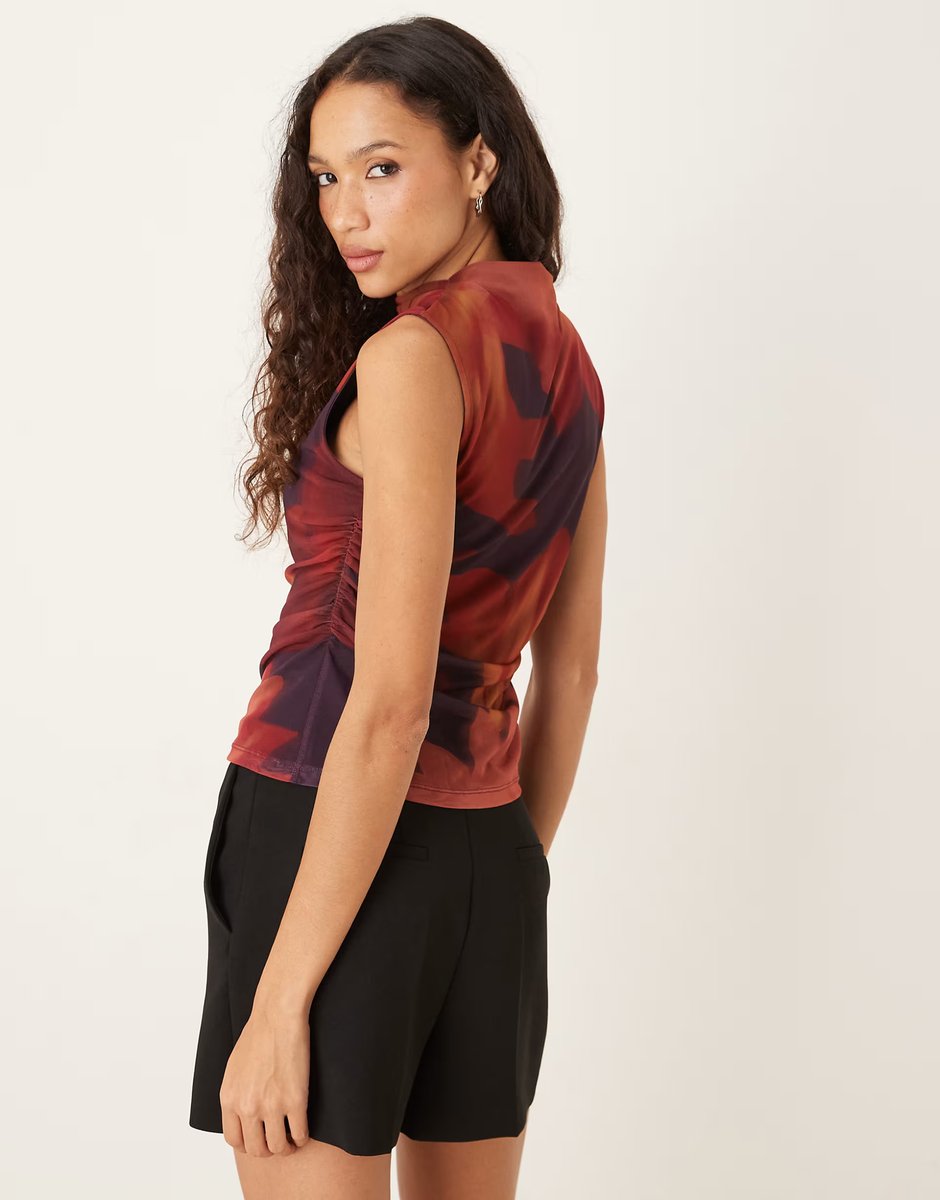 ASOS ASOS DESIGN mesh high neck ruched side floral print co ord  top in fig - 4