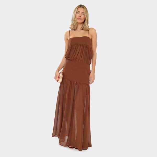 EGO Strappy Blouson Panel Maxi Dress In Brown Sheer Chiffon, Women's Size UK 6