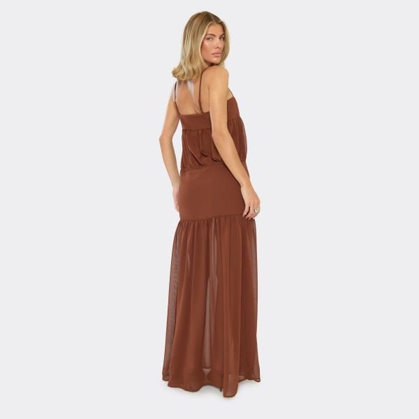 EGO Strappy Blouson Panel Maxi Dress In Brown Sheer Chiffon, Women's Size UK 6 - 2