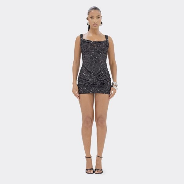 EGO Square Neck Knot Front Detail Mini Dress In Black Sequin, Women's Size UK 6 - 2