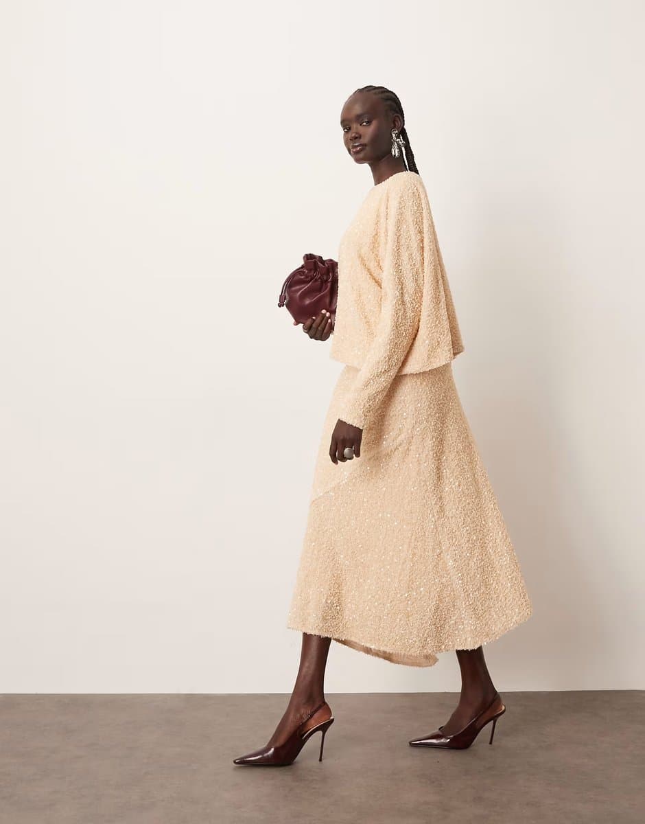 ASOS ARRANGE velvet allover sequin top and asymmetric hem skirt co-ord in cream