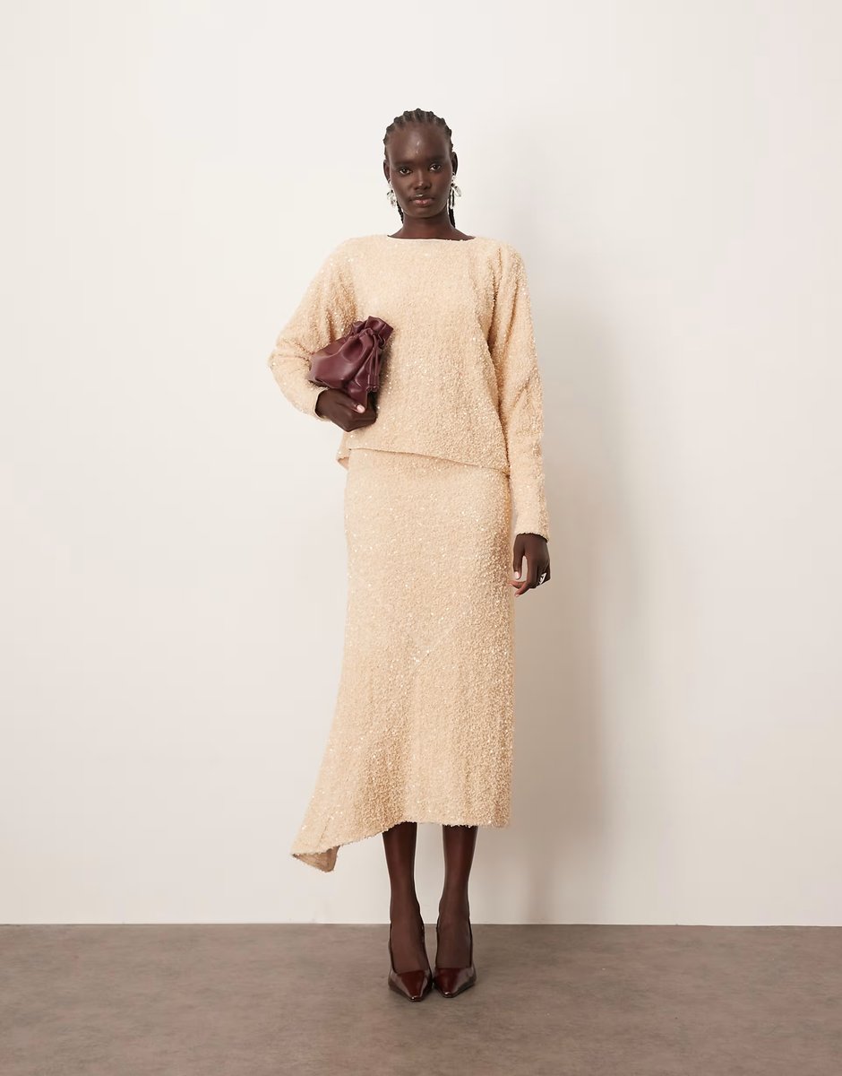 ASOS ARRANGE velvet allover sequin top and asymmetric hem skirt co-ord in cream - 2