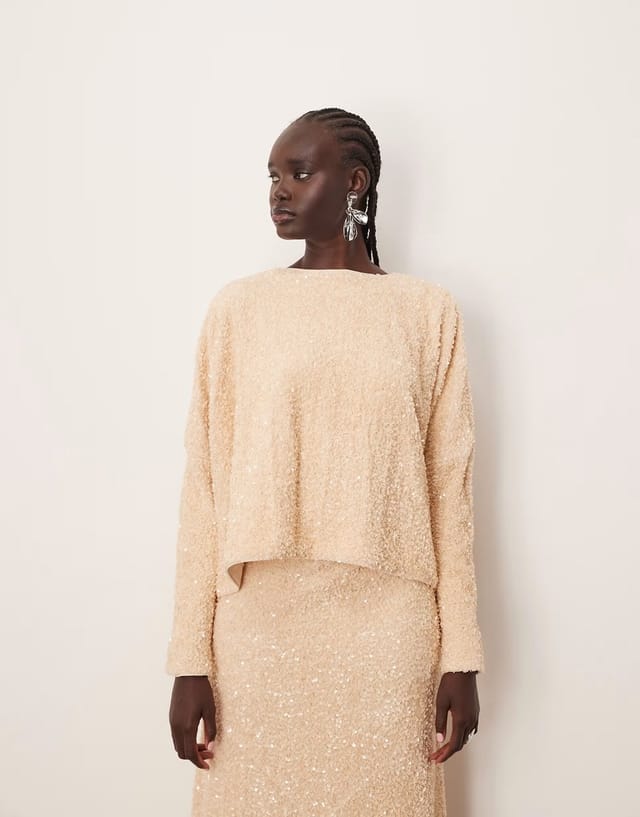 ASOS ARRANGE velvet allover sequin top and asymmetric hem skirt co-ord in cream - 3