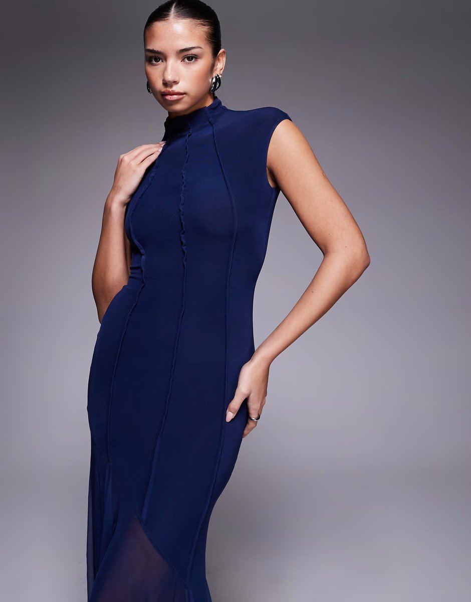 ASOS ASOS DESIGN mesh high neck maxi dress with exposed contour seam detail in navy - 3