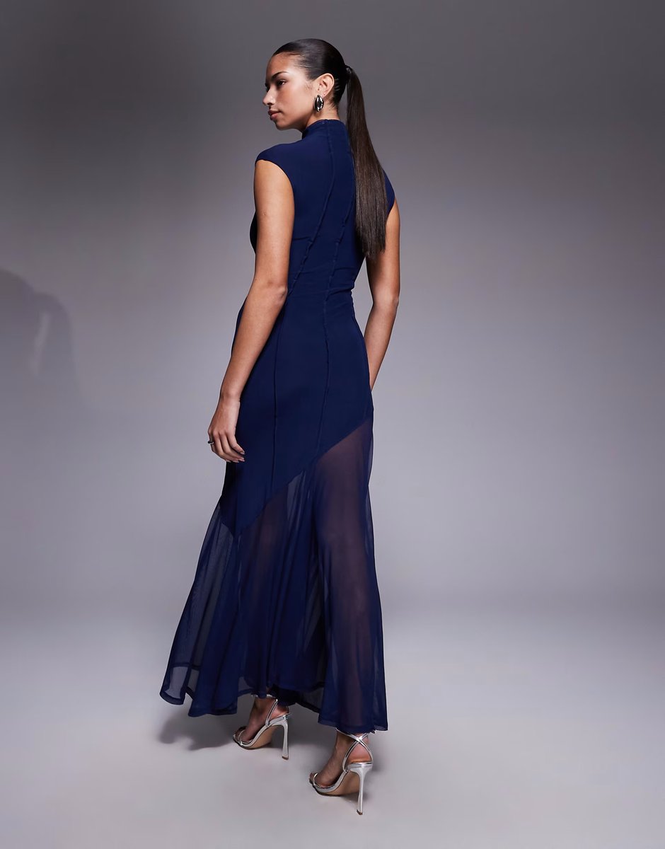 ASOS ASOS DESIGN mesh high neck maxi dress with exposed contour seam detail in navy - 4