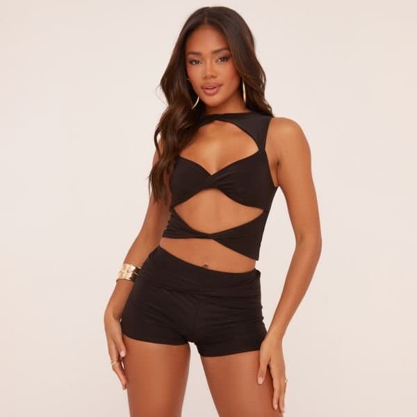 EGO EGO Sleeveless Twist Front Crop Top in Black