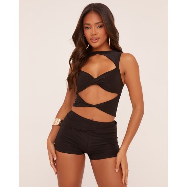 EGO Sleeveless Cut Out Twist Front Crop Top In Black Slinky, Women's Size UK 10 - 2