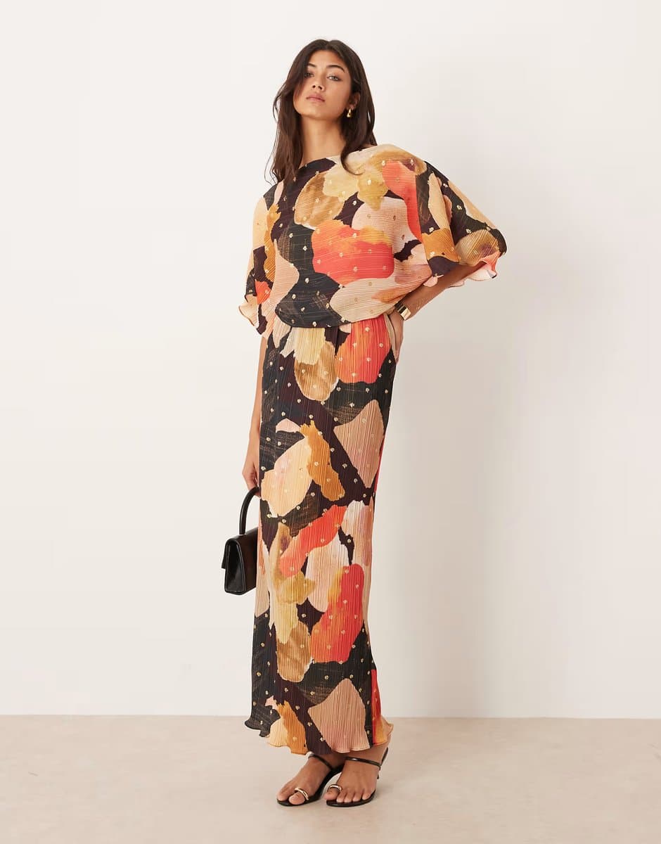 ASOS Never Fully Dressed Tilly plisse off shoulder gold foil maxi dress in coral and chocolate print