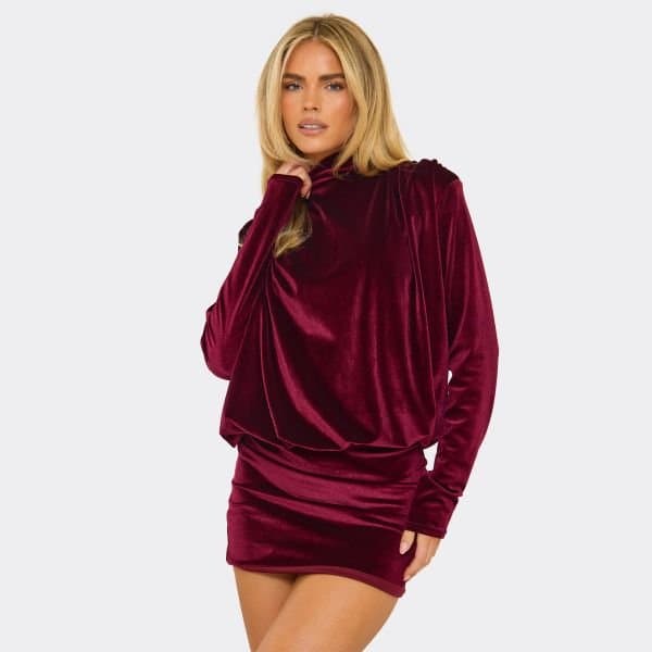 EGO High Neck Shoulder Pad Long Sleeve Blouson Detail Mini Dress In Burgundy, Women's Size UK 8