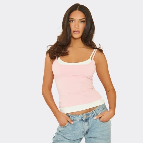 EGO DOUBLE LAYER STRAPPY VEST TOP IN PINK, Women's Size UK 6